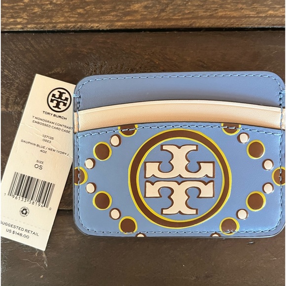 Tory Burch Handbags - New Tory Burch T Monogram Contrast Embossed Card Case in Dauphin Blue/ New Ivory